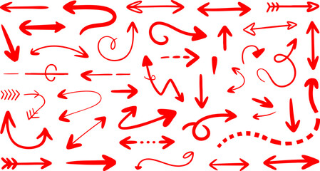 Hand-drawn arrows in varied styles and directions including curved, zigzag, looped, feathered, and decorative lines