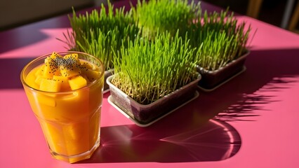 Tropical Mango Chia Smoothie with Fresh Wheatgrass in Morning Light