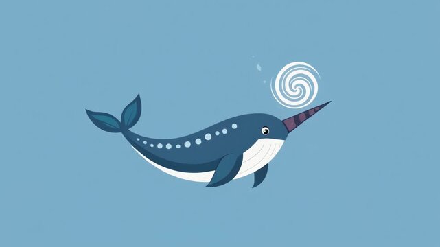 Cute cartoon narwhal swimming in blue water with a spiral above its tusk.