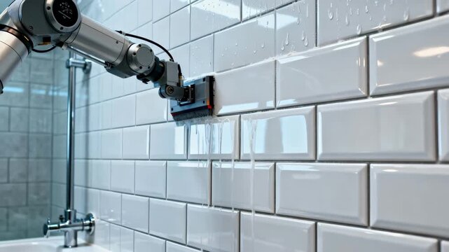 Closeup of robotic machinery placing glossy tiles on a bathroom wall highlighting waterresistant tiling and clean grout application.