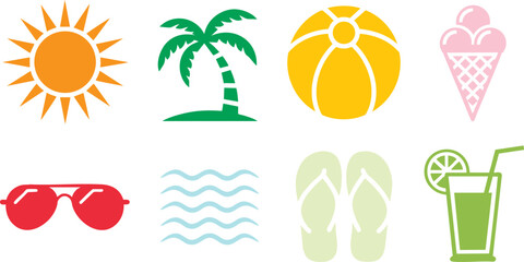 Colorful summer icons featuring sun, palm tree, beach ball, ice cream, sunglasses, flip-flops, waves, and drink