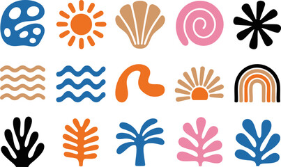 Abstract nature-inspired icons in green and pink featuring leaves, waves, shells, rainbows, and tropical shapes