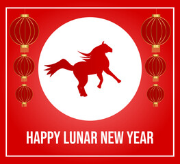 Greeting card with a silhouette of a running red horse and the inscription "Happy Lunar New Year"