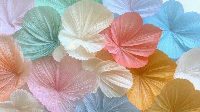 Pastel paper flower petals layered in radial folds creating soft delicate floral pleats and motion
