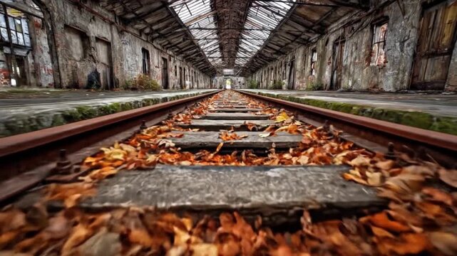 Abandoned train tracks perspective autumnal scene rusty industrial decay