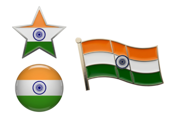 Set of India Flag Emblems, Including Waving Flag Pin, Star, and Round Badge Design, Highlighting Patriotism, National Pride, and Republic Day Celebration