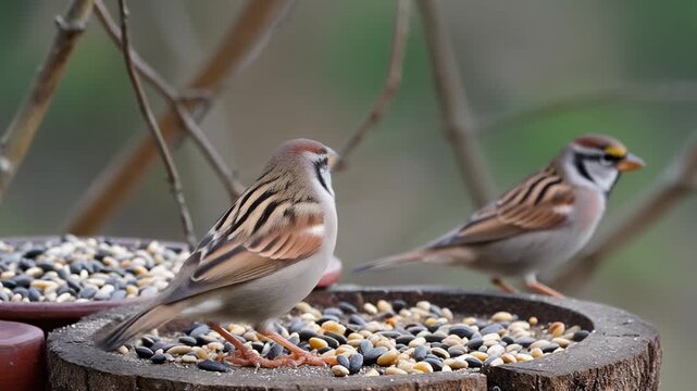 Two small sparrows with brown and white markings feeding on a wooden bird feeder filled with seeds outdoors.