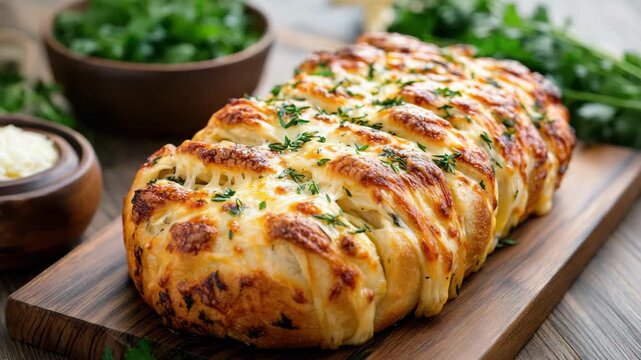 Cheese garlic pull apart bread loaf with herb garnish, golden crust and warm melted pull apart