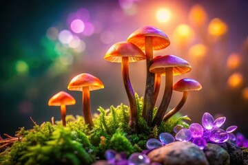 Fototapeta premium Enchanted Forest Fungi A Cluster of Glowing Mushrooms Illuminated by Magical Light in a Lush Mossy Habitat