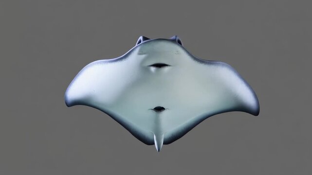 Manta ray swimming gracefully underwater, viewed from its smooth underside against a plain background.