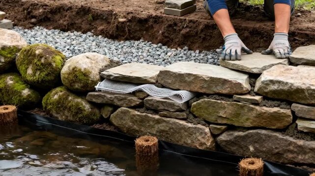 Medium shot of a stone retaining wall being reinforced showcasing natural materials used to prevent soil erosion and stabilize the riverbank.