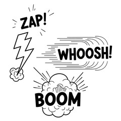 Dynamic Zap Boom Whoosh Comic Elements for Bold Designs, Perfect for Adding Energy and Excitement to Creative Projects, originally vector for scalability