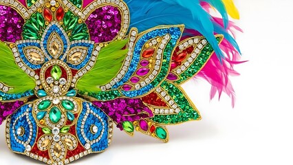 Fototapeta premium Colorful carnival headdress with sequins, feathers, and jewels on white background