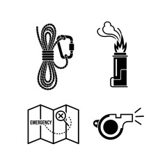 Essential emergency survival kit icons for outdoor adventures and safety preparedness, a modern visual guide for scouts, hikers, and adventure seekers