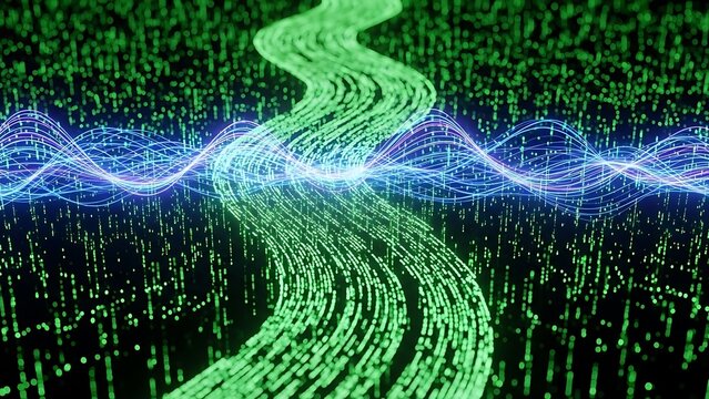 Abstract digital data stream flowing through a network of information - Powered by Adobe