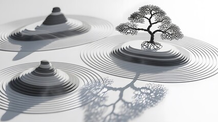 Paper Cutout Zen Garden with Bonsai Tree and Morning Mist