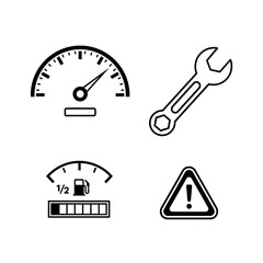 Automotive maintenance icons presenting car service and repair, including speedometer, fuel gauge, wrench, and warning sign, perfect for diagnostics