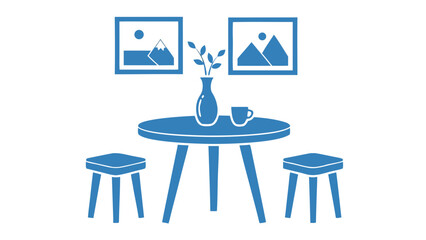 Simple blue illustration of a round wooden table with two stools a vase with branches and a cup on a black background with two framed pictures above
