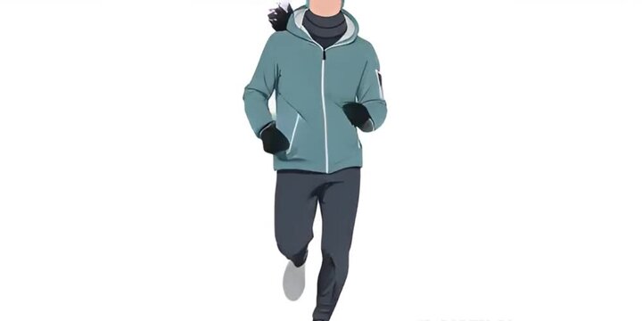 Energetic Person in Teal Winter Jacket and Athletic Gear Jogging, Isolated Vector Illustration for Cold Weather Fitness