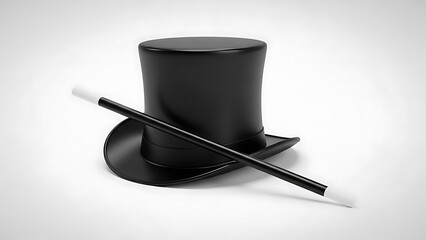 Classic black top hat and magic wand on a white background