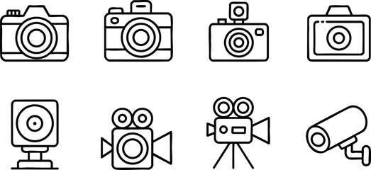 Black-and-white icons of photo and video cameras including webcam, surveillance, film reel, and digital camera designs