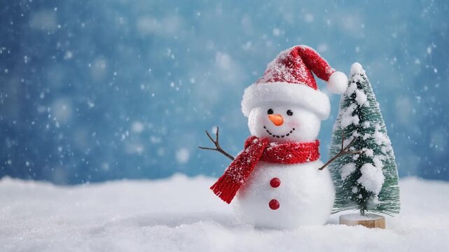 An adorable smiling snowman wearing a Santa hat and red scarf stands next to a miniature pine tree in a snowy winter scene. Perfect Christmas holiday background.
