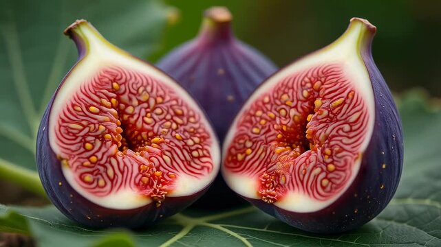 Close-up view of a ripe fig cut in half, revealing its vibrant red flesh and numerous seeds, resting on a green leaf with another whole fig in the background.
