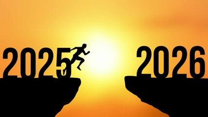 Horizontal animated silhouette of a man jumping from the 2025 cliff to the 2026 cliff against a glowing sunrise sky. Concept of hope, ambition, courage, motivation and joyful new year celebration.