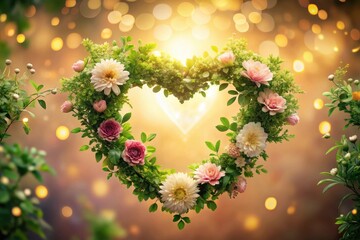 Heart-Shaped Floral Arrangement of Delicate Blooms and Lush Greenery Against a Soft, Golden Backdrop