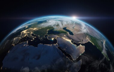 Blue planet Earth and Moon illustration in black space with continents, ocean, and night light from the Sun and stars