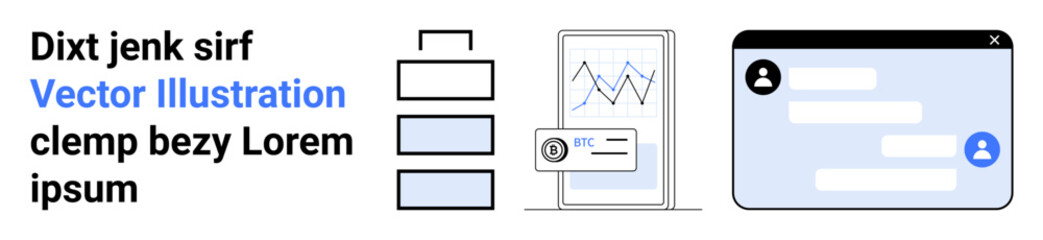 Obraz premium Data analysis, communication tools, UX design, workflow management, business trends, modern technology. charts, messaging interface and layered process visuals. Data analysis and communication tools