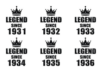 Legendary birth year designs for milestone celebrations 1931 to 1936, perfect for birthday cards, t-shirt designs, and personalized gifts