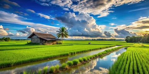 Serene Rural Scene Rustic Hut Beside Lush Rice Paddies Under Dramatic Sky