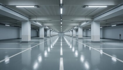 Empty underground parking garage with concrete columns and bright lights