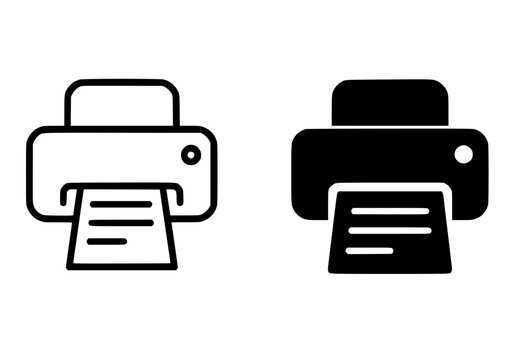 Printer icon illustration, black and white, outline and silhouette versions