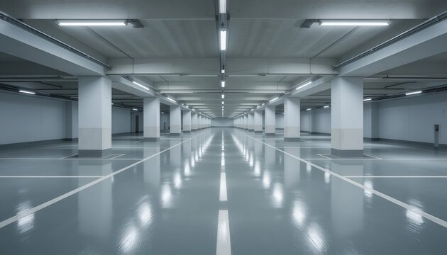 Empty underground parking garage with concrete columns and bright lights