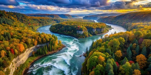 Autumnal River Gorge A Panoramic View of a Serpentine River Flowing Through a Vibrant Forest Landscape Under a Dramatic Sky