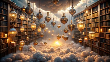 Enchanted Library Floating Amidst a Dreamlike Cloudscape, Illuminated by Hanging Lanterns at Sunset