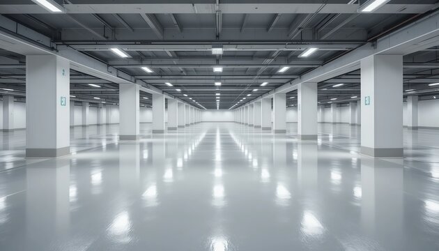 Empty underground parking garage with concrete columns and lights