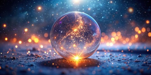 A Crystal Sphere Reflecting a Celestial Galaxy, Illuminated by Shimmering Lights and Glimmering Dust