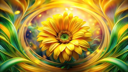 Vibrant Yellow Flower in a Swirling Garden of Green and Gold Petals, a Stunning Floral Image Representing Nature's Beauty and the Joy of Springtime