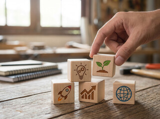Wooden cubes featuring innovation scale icons positioned manually with controlled depth and gentle blurred background