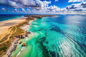 Coastal Panorama Serene Azure Waters Meet Sandy Shores and Rolling Green Hills Under a Vivid Sky