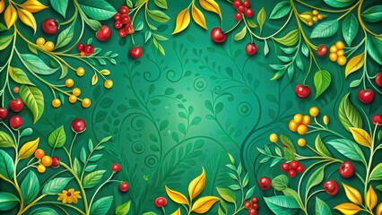 Vibrant Green Floral Background Featuring Lush Foliage, Red and Yellow Berries, and a Central Ornate Design