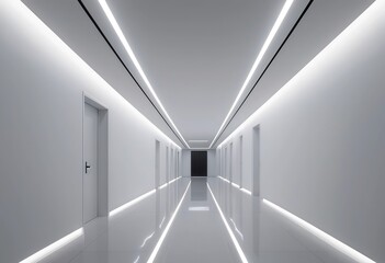 Obraz premium Futuristic white corridor with linear led lighting and rows of doors , Concept