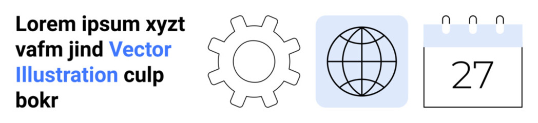Productivity, global connectivity, time management, organization, scheduling, workflow. A gear, globe and calendar icon. Productivity and global connectivity through clear visuals