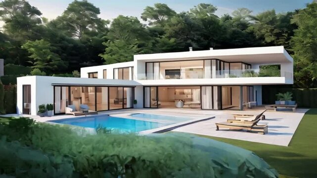 A modern, open-concept house with a large outdoor patio area, swimming pool, and lush greenery in the background created with generative ai