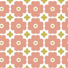 Seamless retro floral pattern with pink and green geometric shapes