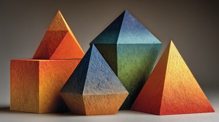Colorful geometric shapes, each with gradient tones, against a neutral backdrop