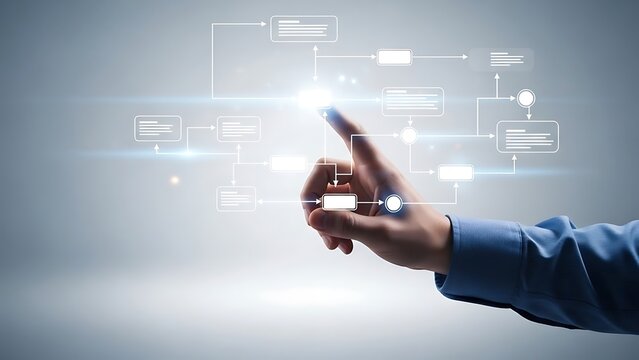 Businessman Interacting with a Glowing Digital Workflow Interface. - Powered by Adobe